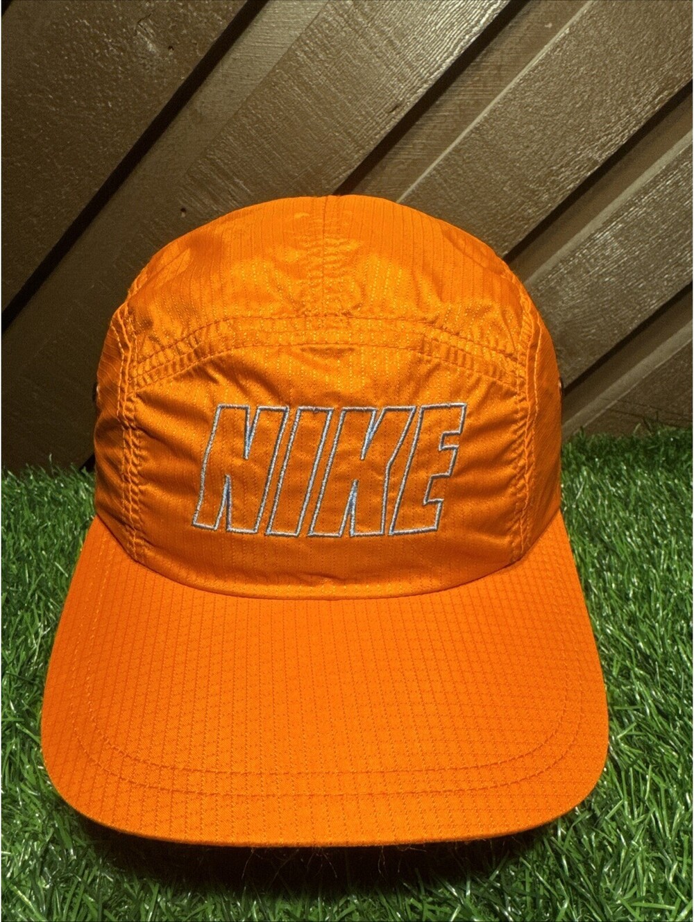 Vintage 90s Nike Nylon 5 Panel Hat Orange Spell Out Running Camp Cap Strapback